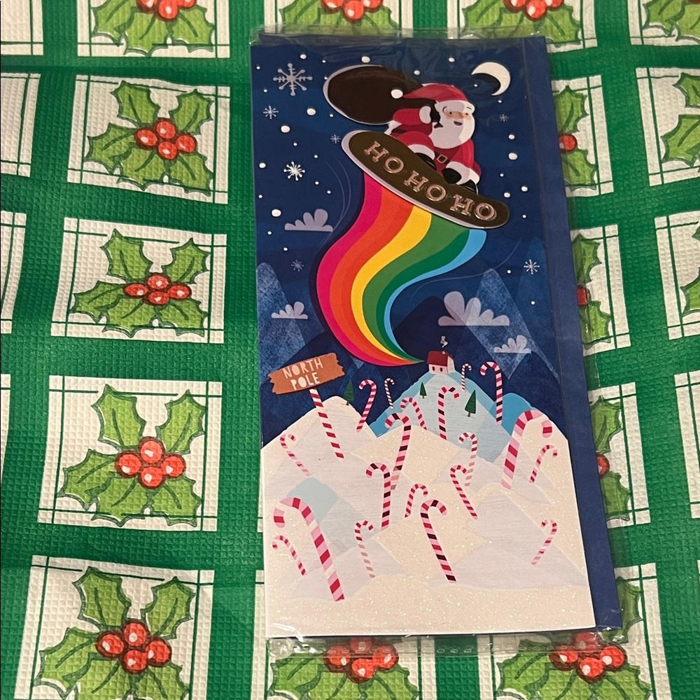 Festive Santa HO HO HO RAINBOW Holiday greeting card! Rainbow & Candy Canes